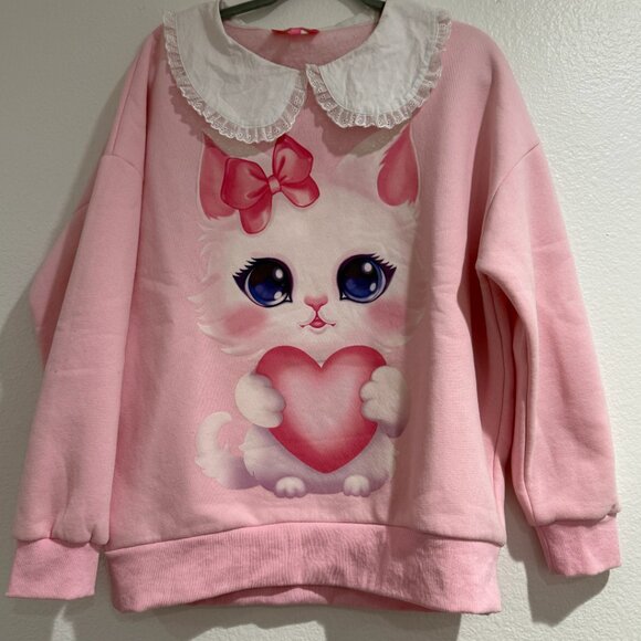 Sugar Thrillz Sweaters - Sugar Thrillz CUTE AS A BUTTON COLLARED SWEATSHIRT Pink Kitten medium/large